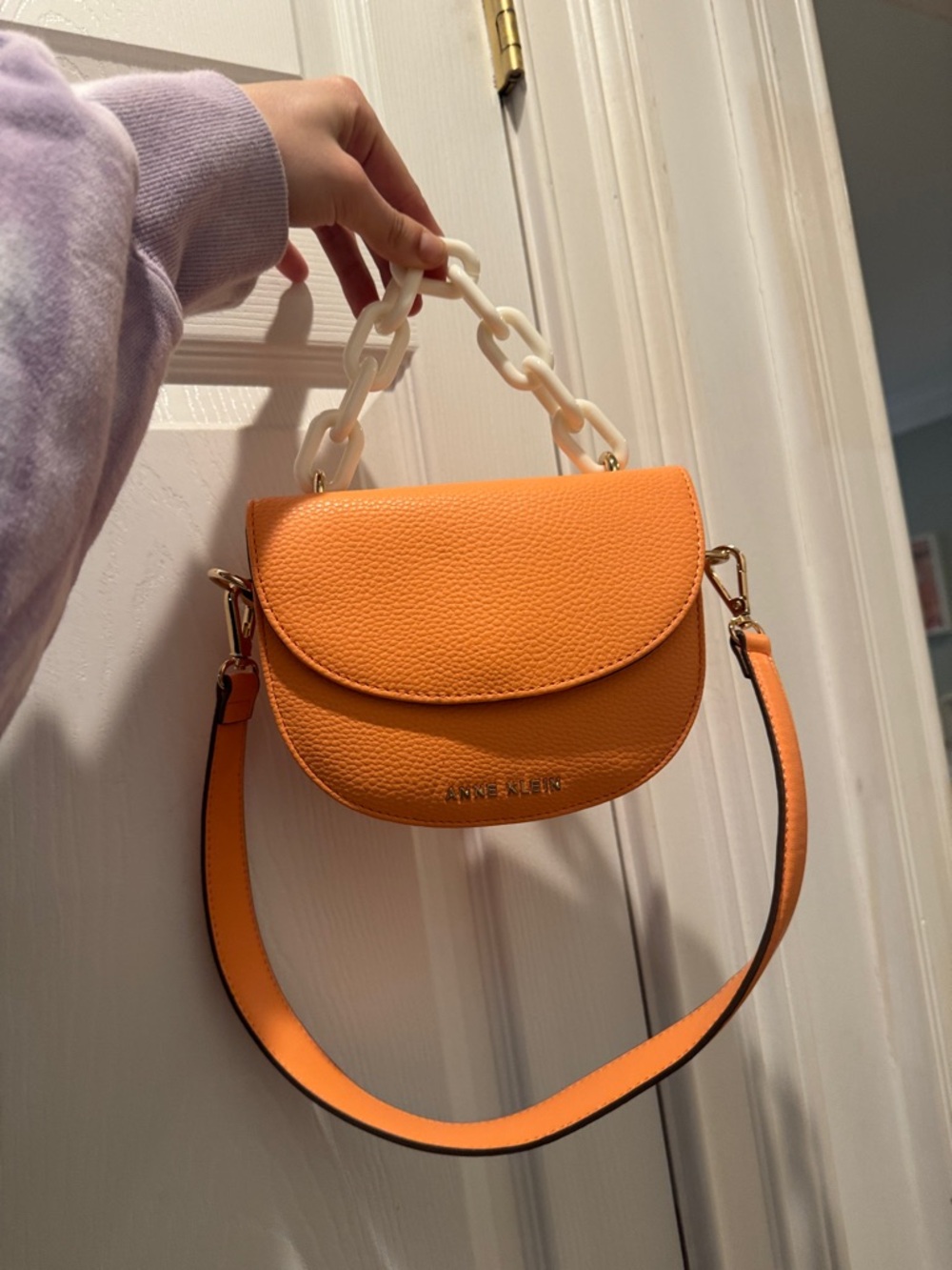 Anne Klein Orange Pebbled Crossbody with White Chain Handle
